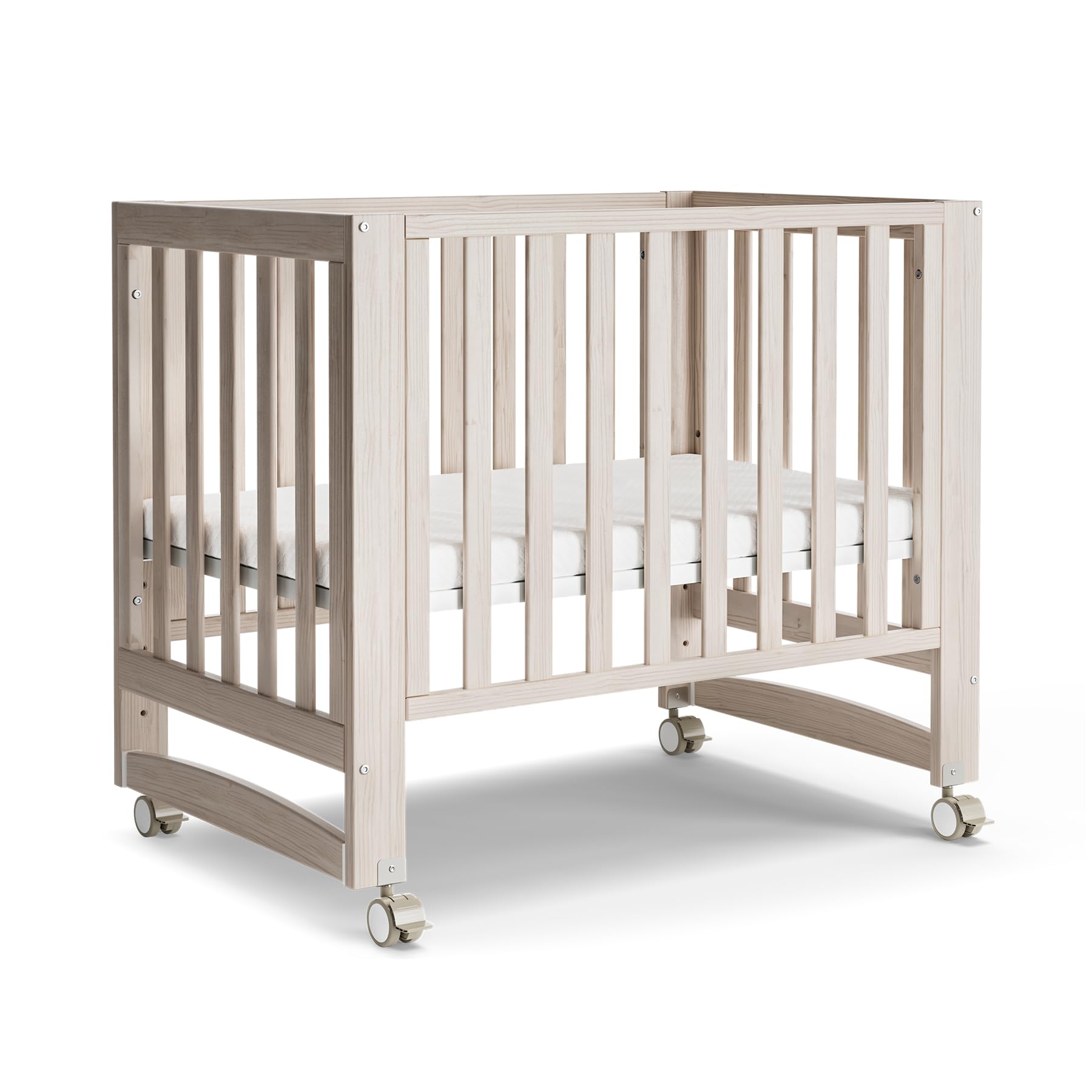 EvoNest Baby Crib, 6 in 1 Convertible Mini Crib with Wheels, 100% New Zealand Pinewood Growing Bed, 4 Adjustable Mattress Heights