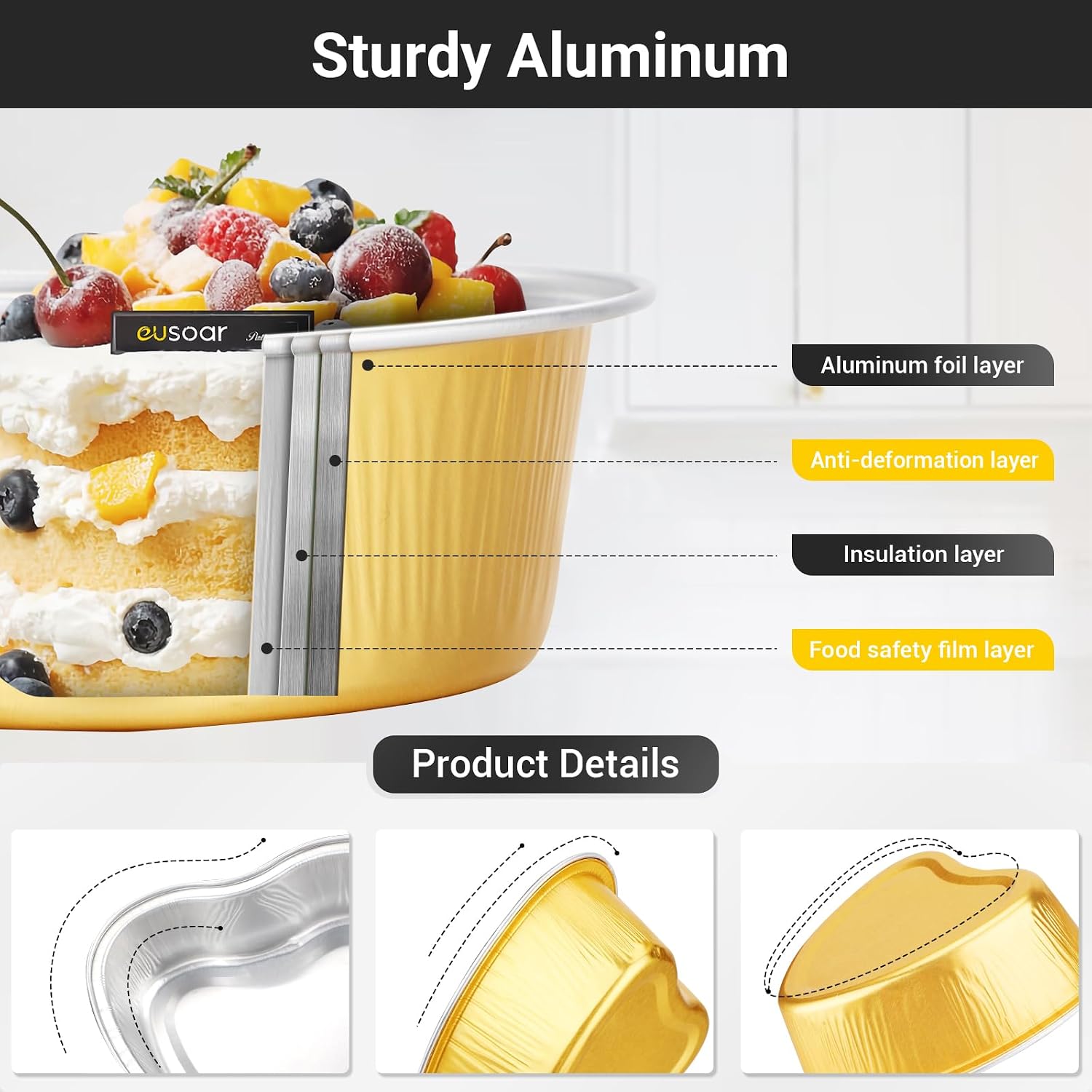 EUSOAR Heart Shaped Baking Pans, 3.4oz 50pcs Aluminum Foil Cupcake Baking Cups with Lids, Valentines Day Gifts, Pie Ramekins Desserts Flans, Custard Cake Pudding Jello Cups, Wedding Party -Gold