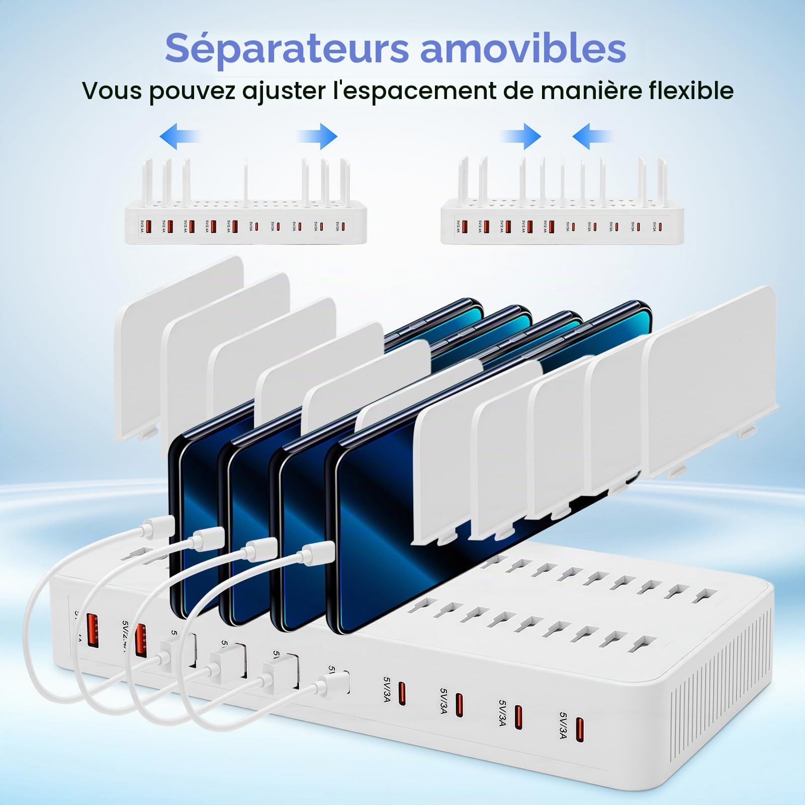 Station de Chargement USB, Station de Recharge 10 Ports 15W avec 10 Câbles, Support Chargeur Telephone,Station de Charge Telephone Portable (Blanc)