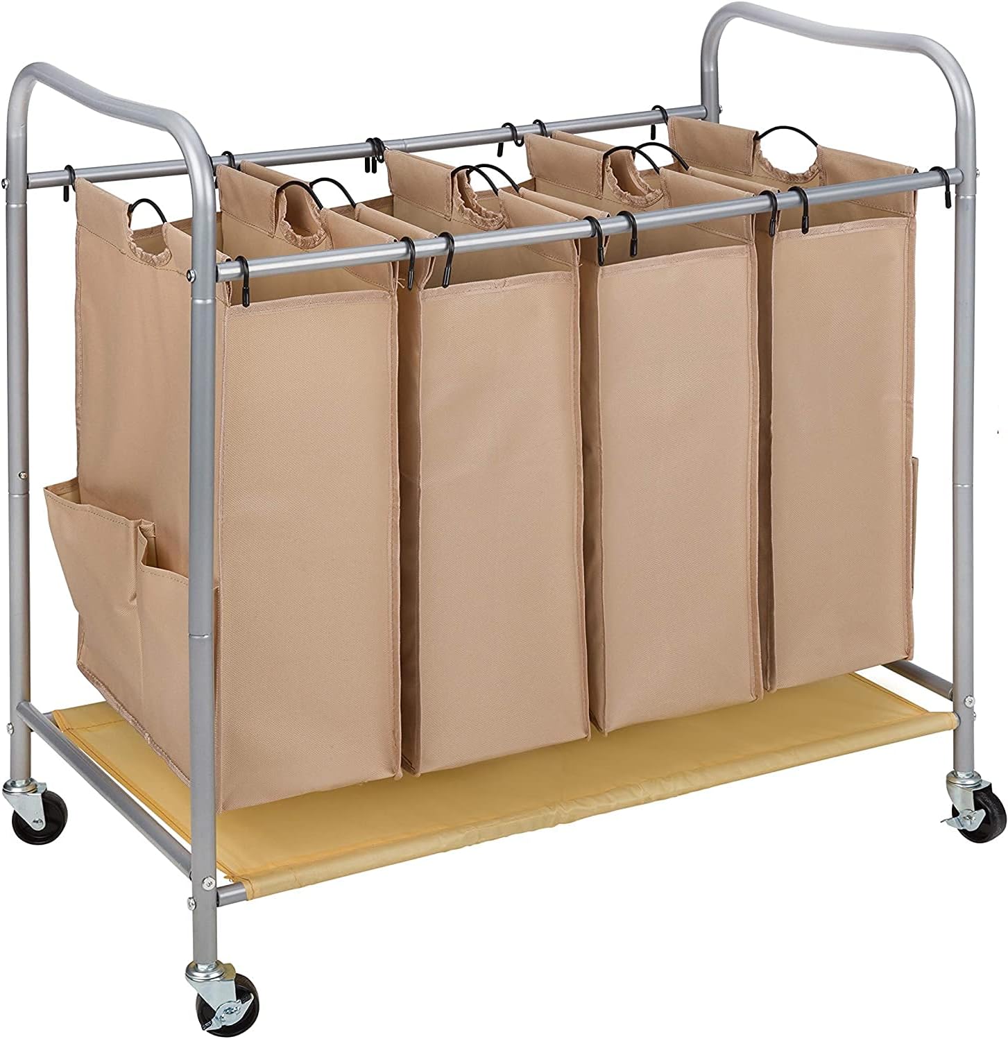 JINAMART Heavy Duty Rolling Laundry Hamper cart with Wheels, 4 Section Removable Bag Sorter Basket with 4 side pockets, Laundry Organization and Cloth Storage Bins for Bedroom & Bathroom, Beige