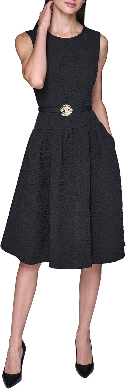 Karl Lagerfeld Women's Sleeveless Crew Neck Flower Belt Floral Stretch Jacquard A-line Dress - Image 2