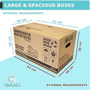 MoveRite Large Strong Cardboard Moving Boxes with Bubble Wrap & Tape – Pack of 20 (47 litres 52cm x 30cm x 30cm) Removal Boxes for Moving House – Packing & Storage Cartons by Triplast