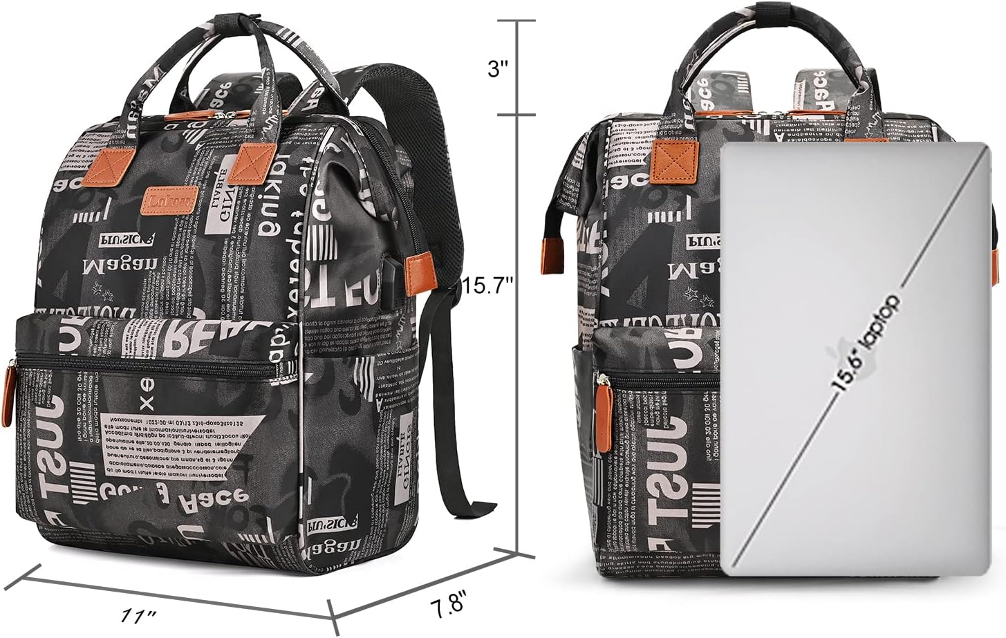 BRINCH Laptop Backpack 15.6 Inch Wide Open Computer Backpack Laptop Bag College Water Resistant Business Travel Backpack Multipurpose Casual Daypack with USB Charging Port for Women Men, Alphabet