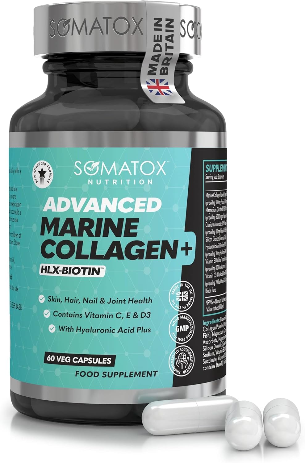 New Advanced Marine Collagen Plus – with HLX-BIOTIN™ Complex – Hydrolysed Type 1 with Hyaluronic Acid Plus & Vitamins C, E & D3-30 Day Supply Veg Capsules – Made UK GMP Certified
