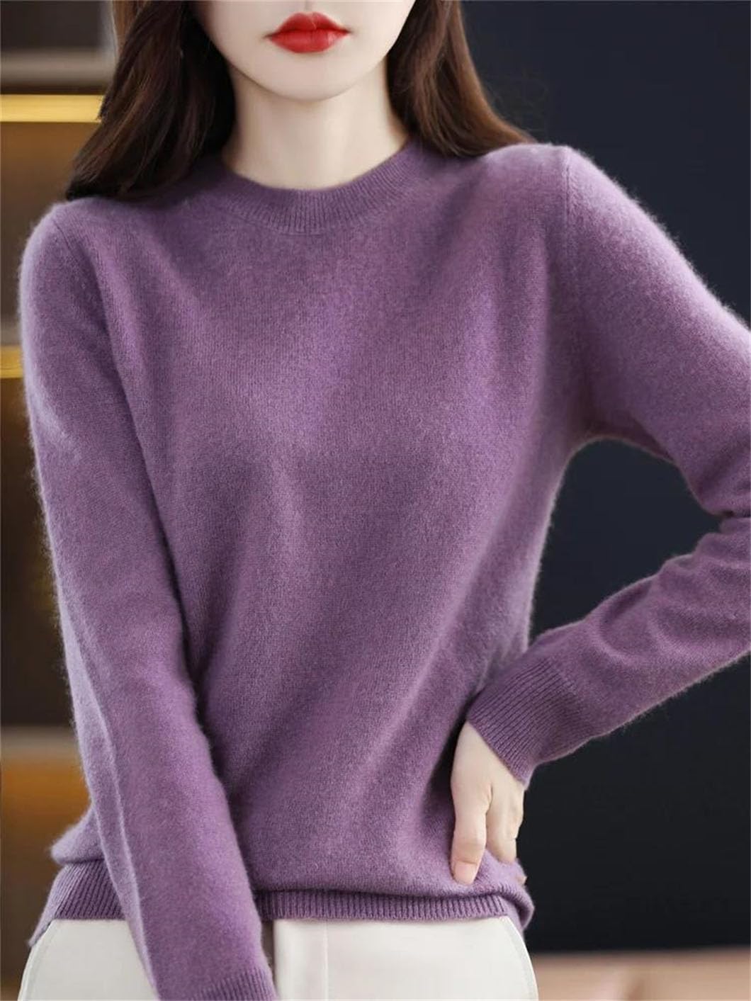 Maglione da donna in lana, a maniche lunghe, tinta unita, morbido, casual