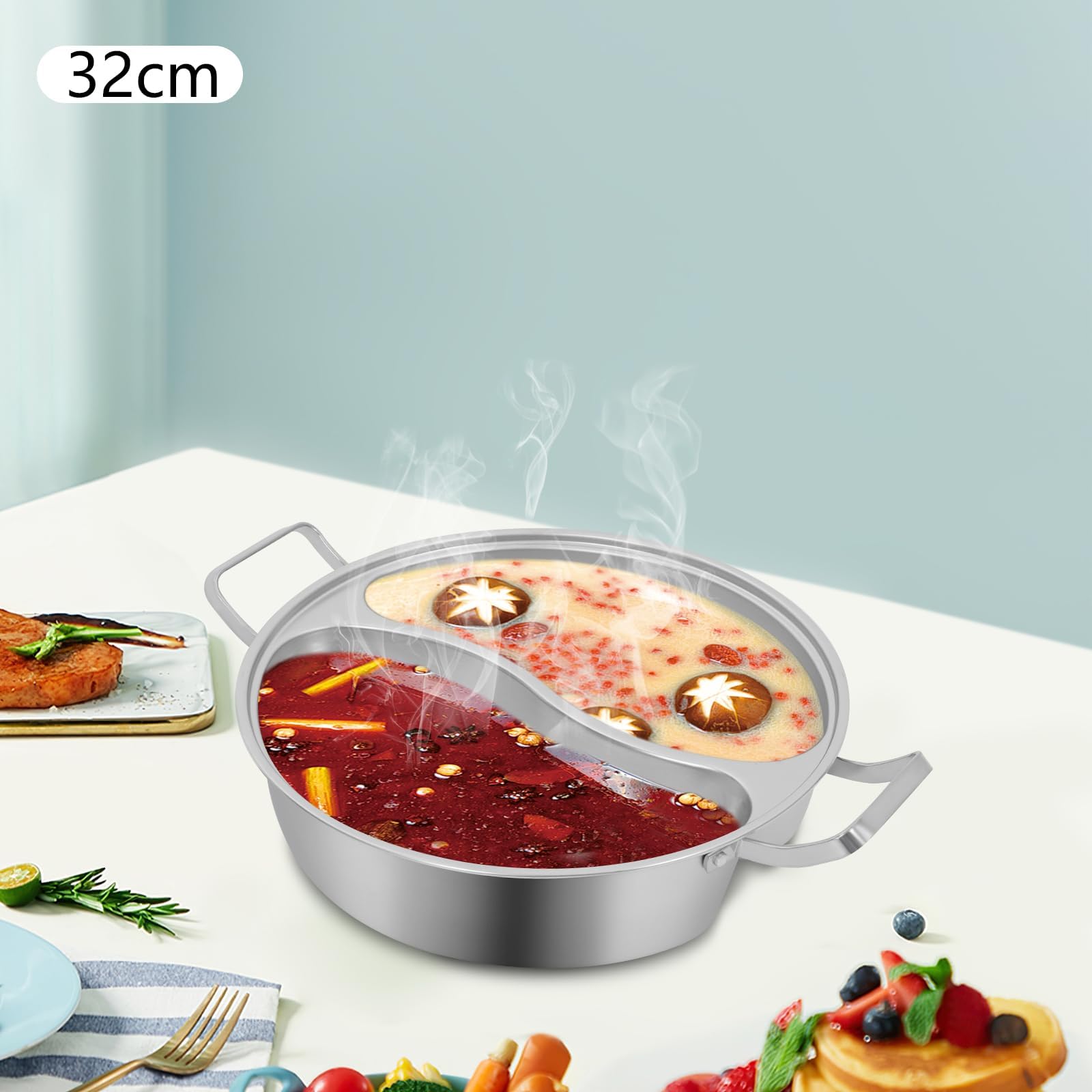 Shabu Shabu Hot Pot, 5L/1.32Gal 304 Stainless Steel Pot with Divider, Soup Cookware for Induction Cooktop Gas Stove Electric Stove, Silver (32cm/12.6in)