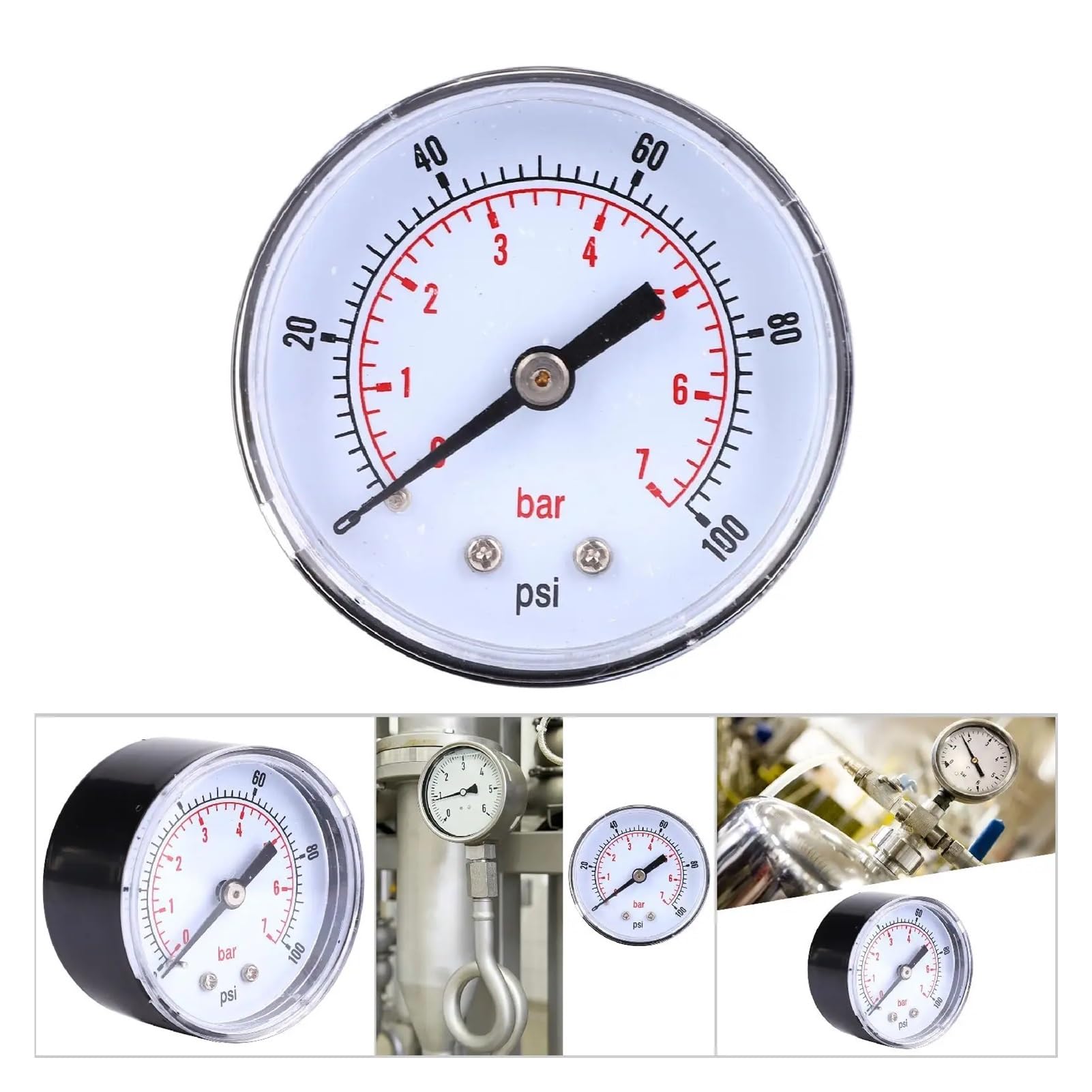 Manómetro, Manómetro de presión de 50 mm con esfera de 1/8 BSPT for aire, agua, petróleo y gas, 0-100 PSI, 0-7 bar, color negro