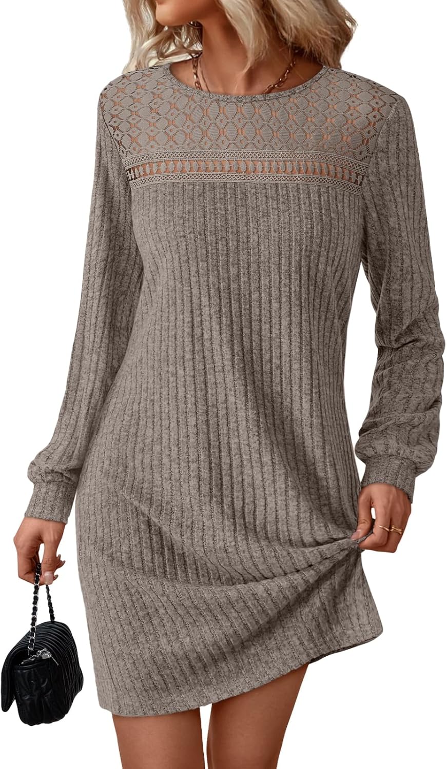 AUTOMET Womens Long Sleeve Dresses Casual Fall Sweater Dress Work Winter Fashion 2026 Crew Neck Lace Mini Dressy Sexy Clothes