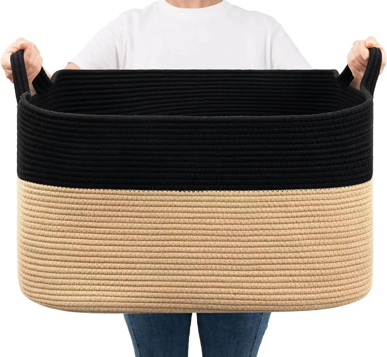SPANCO HOME Large Storage Basket 20" X 15" X 12" Rectangle Woven Cotton Rope Basket Dirty Clothes storage for Laundry room, Living Room (multi7)-image-36