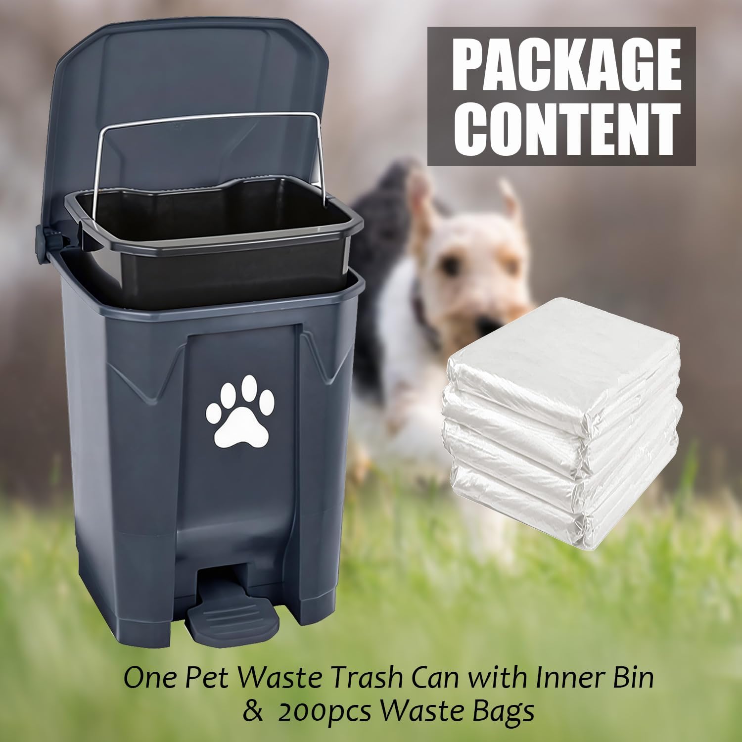 tebiete Dog Poop Trash Can Outdoors Pet Waste Station with Lid Dog Waste Disposal Container with Removable Inner Bin Bucket Hands-Free Pedal Garden Yard Home with Waste Bags, Grey