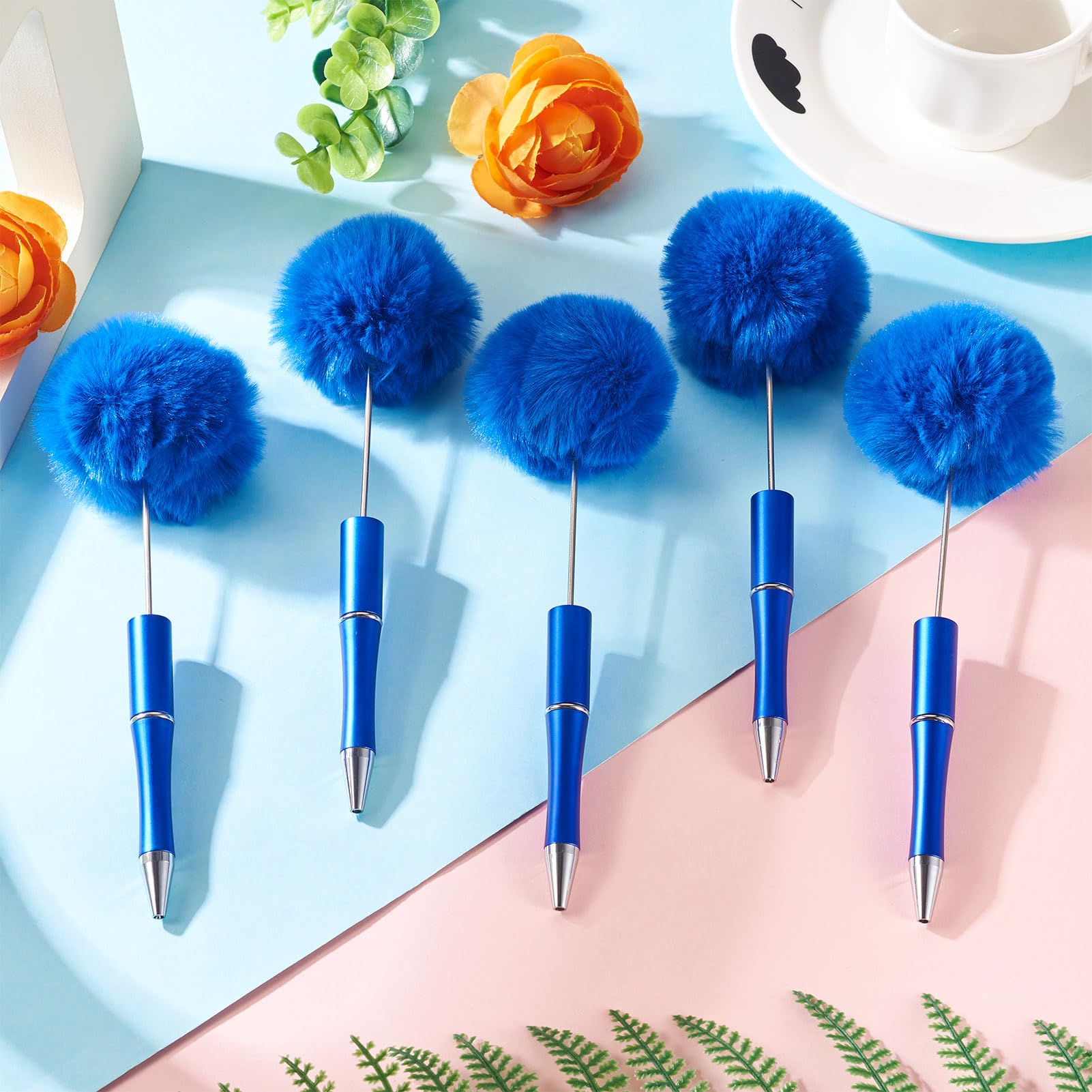 10 penne a sfera soffici con pompon sfocati, in plastica, per scuola, ufficio, fai da te, penne personalizzate per studenti, bomboniere, blu