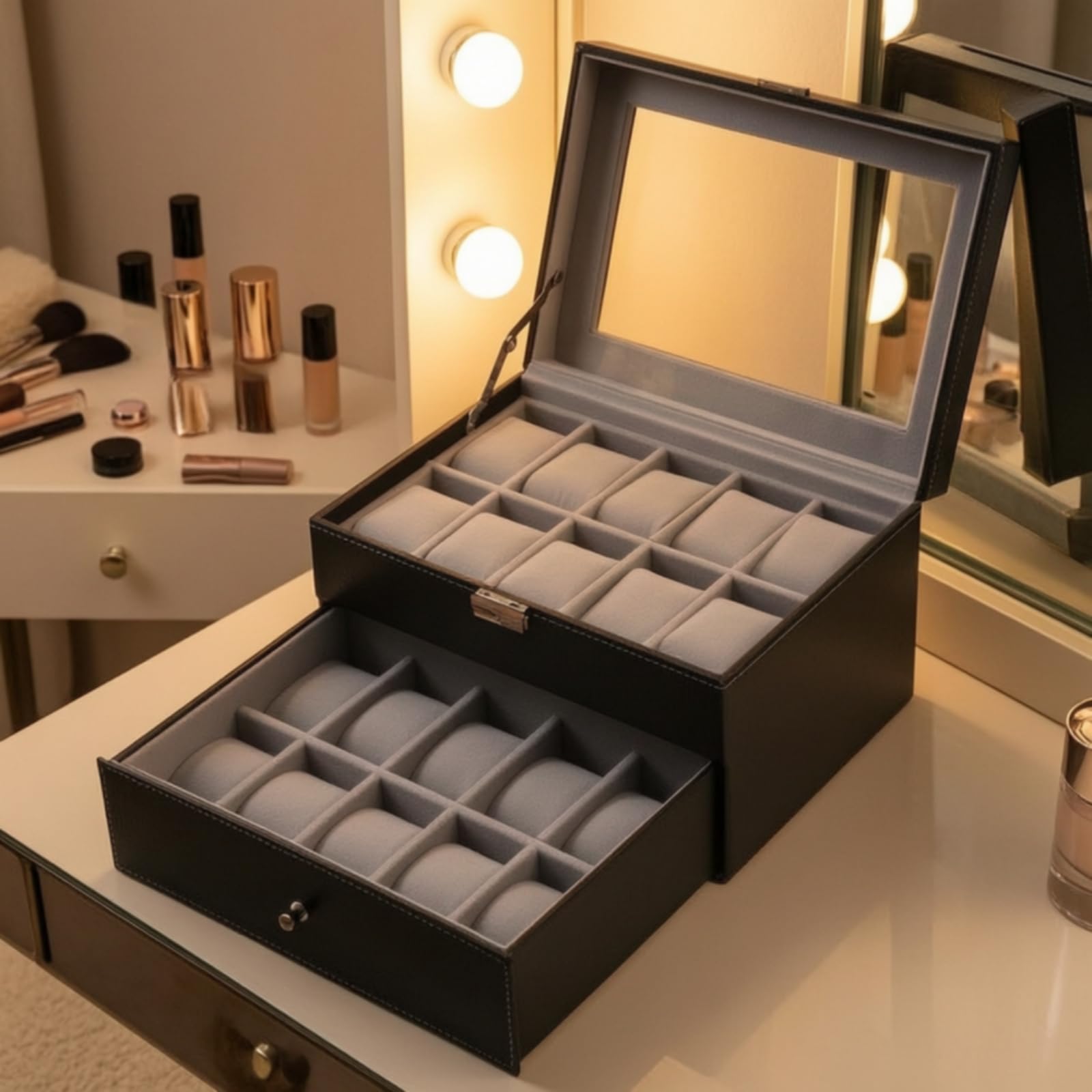Organizador Relojes 20 Compartimentos Caja Relojes con Cajón Suave Reloj para Cómoda