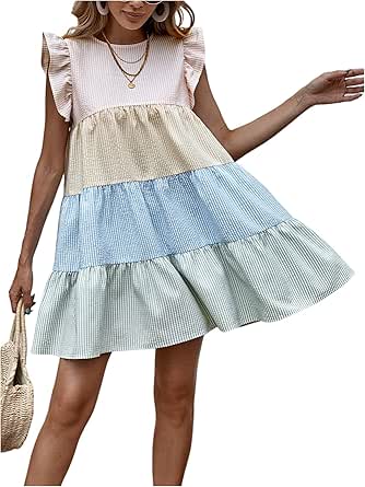 SOLY HUX Women Summer Dress Solid Color Striped Ruffle Short Sleeve Round Neck Loose Flowy Chemise