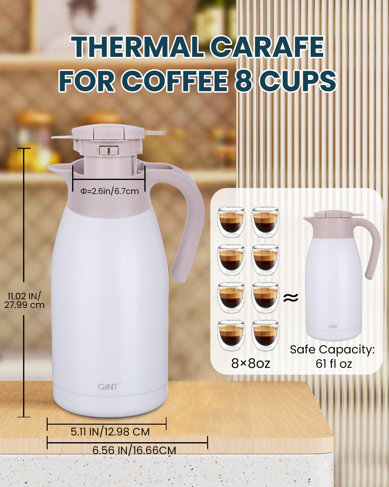 GiNT Jarra de café térmica de acero inoxidable con tapa, termo de doble pared al vacío, retención de calor de 12 horas, 1,9 L, color blanco