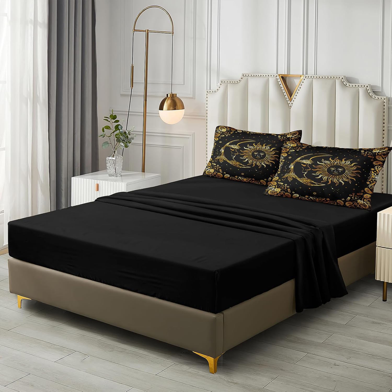 Black Gold Comforter Sets Sun and Moon Bedding Gold Stars Starry Sky Galaxy Theme Boho Chic Bedding Comforter Paisley Floral Botanical Exotic Comforter King Bed in A Bag