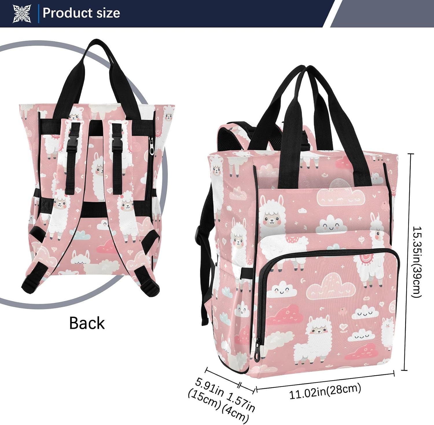 Diaper Bag Backpack Tote Multifunction Baby Nappy Changing Bags Llama Clouds Pink Large with Stroller Straps Travel