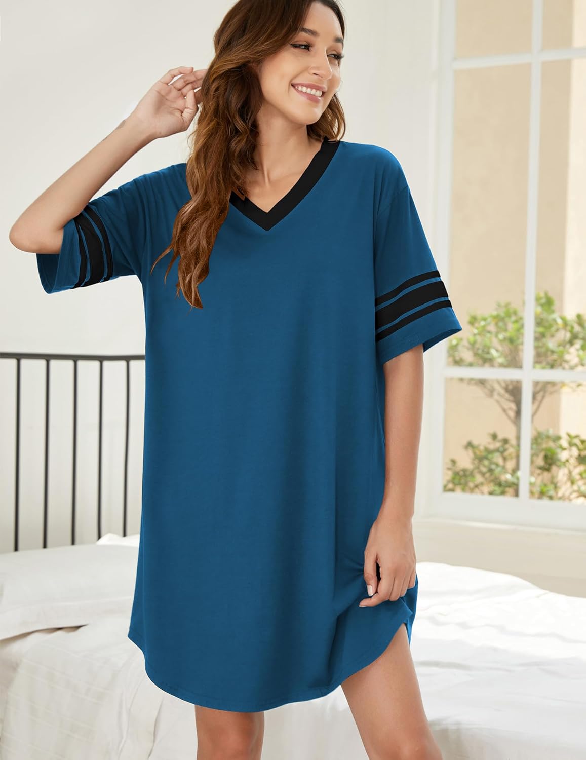 Ekouaer Nightgowns for Women Cotton Night Gown Short Sleeve Sleepwear V Neck Color Block Sleep Shirts Ladies Night Shirts - Image 3