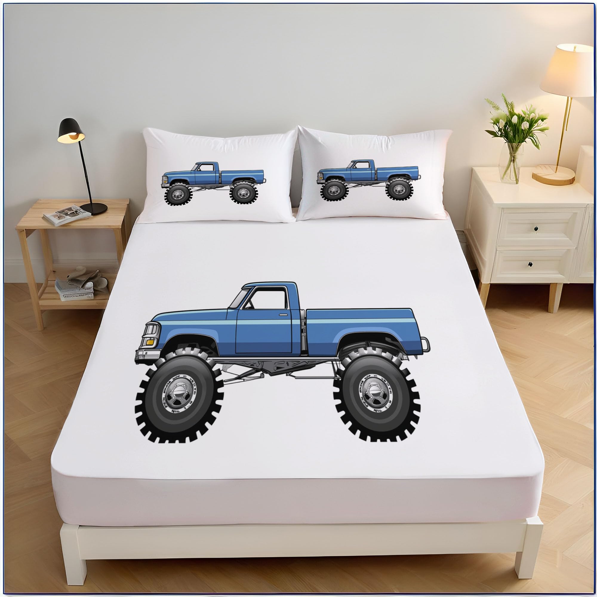 Drap housse 160x200 Monster Trucks en microfofibre bleu avec grand bonnet 30 cm