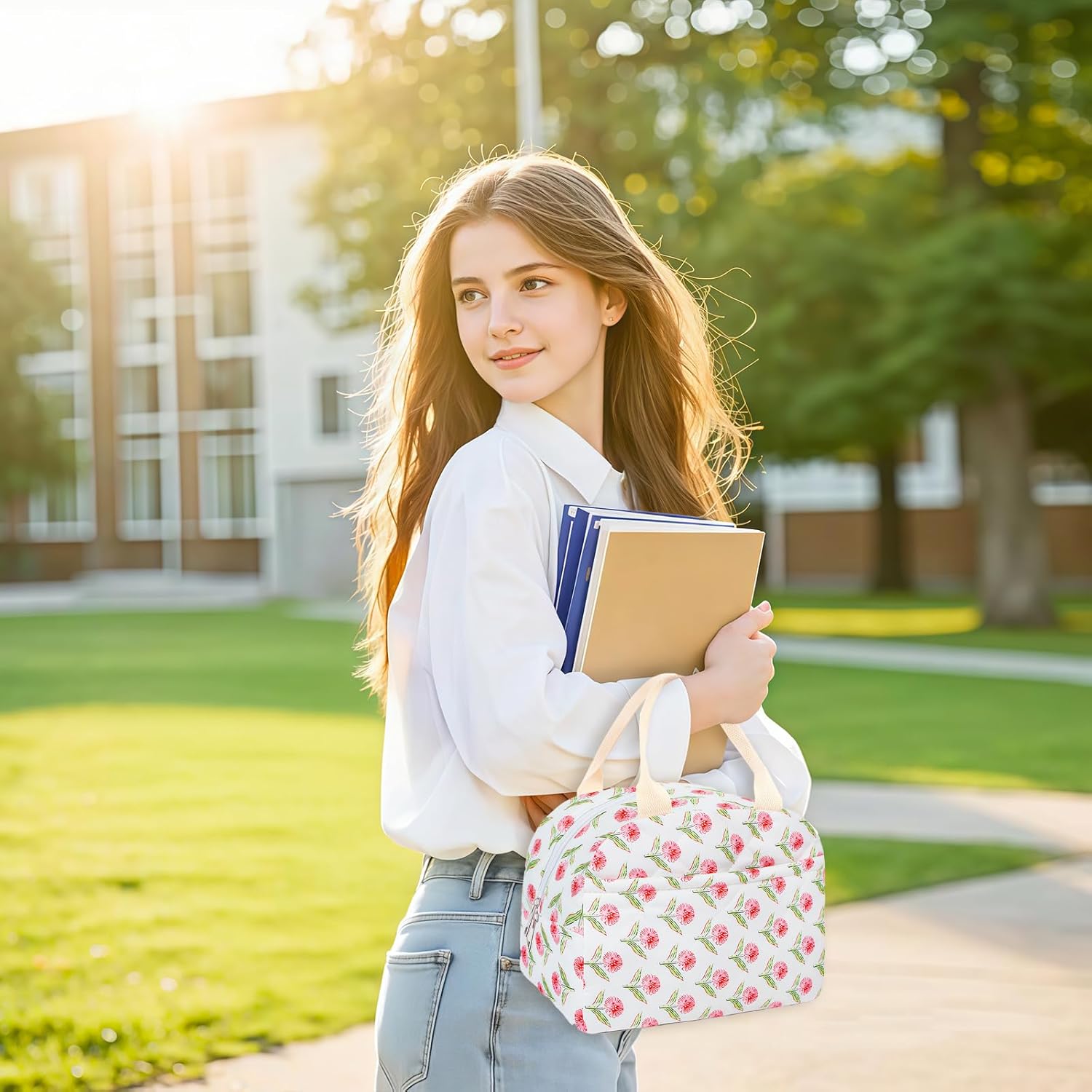 Cotton Quilted Insulated Lunch Bag, Cute Quilted Floral Lunch Tote Bags Reusable Insulated Lunch Box Coquette Aesthetic Large Capacity Insulated Cooler for Women Work Travel Picnic (Big Pink Flowers) - Image 2