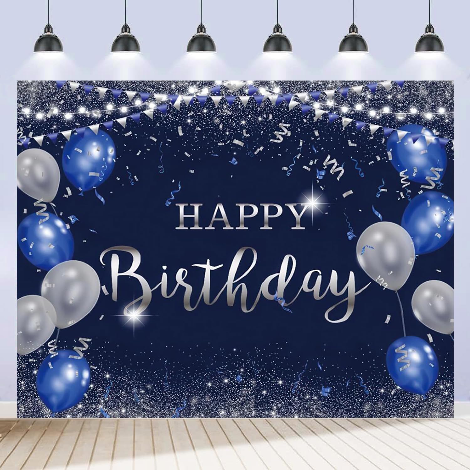 Happy Birthday Backdrop 10x8ft for Men Boys Navy Blue and Silver Happy Birthday Banner Decorations Large Birthday Party Photo Background Poster for