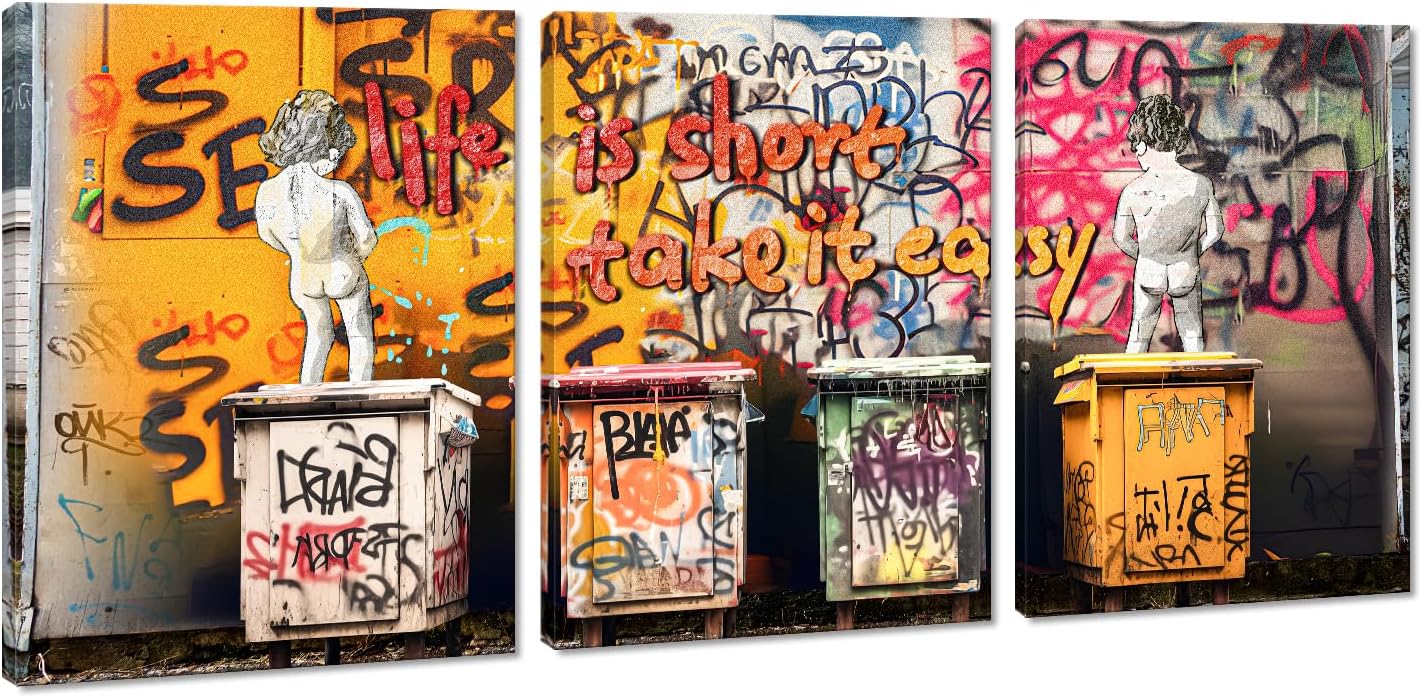 Banksy Wall Art Colorful Street Graffiti Artwork Modern Inspirational Pictures Prints Framed for Living Room Bedroom Home Office Decoration -12"W x16"Hx3pcs