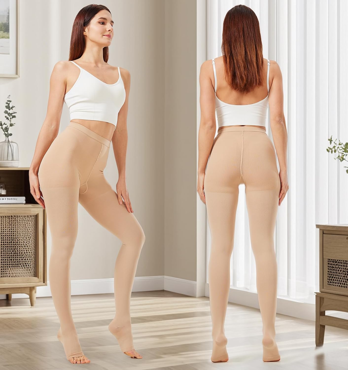 NURCOM 15-20 mmHg Compression Pantyhose for Women & Men, Open Toe Medical Compression Stockings, Waist High Opaque Compression Tights, Graduated Support for Edema, Varicose Veins, Swelling, Pregnant