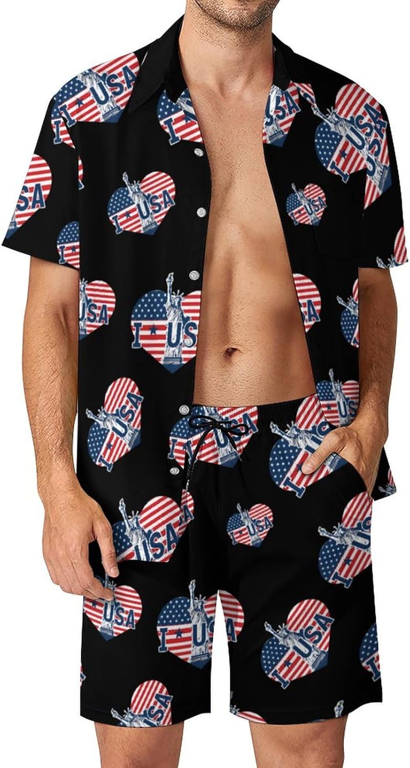 I Love U.S. Men's Summer Beach Outfits Shirt And Shorts Set 2 Piece Vacation Swimwear