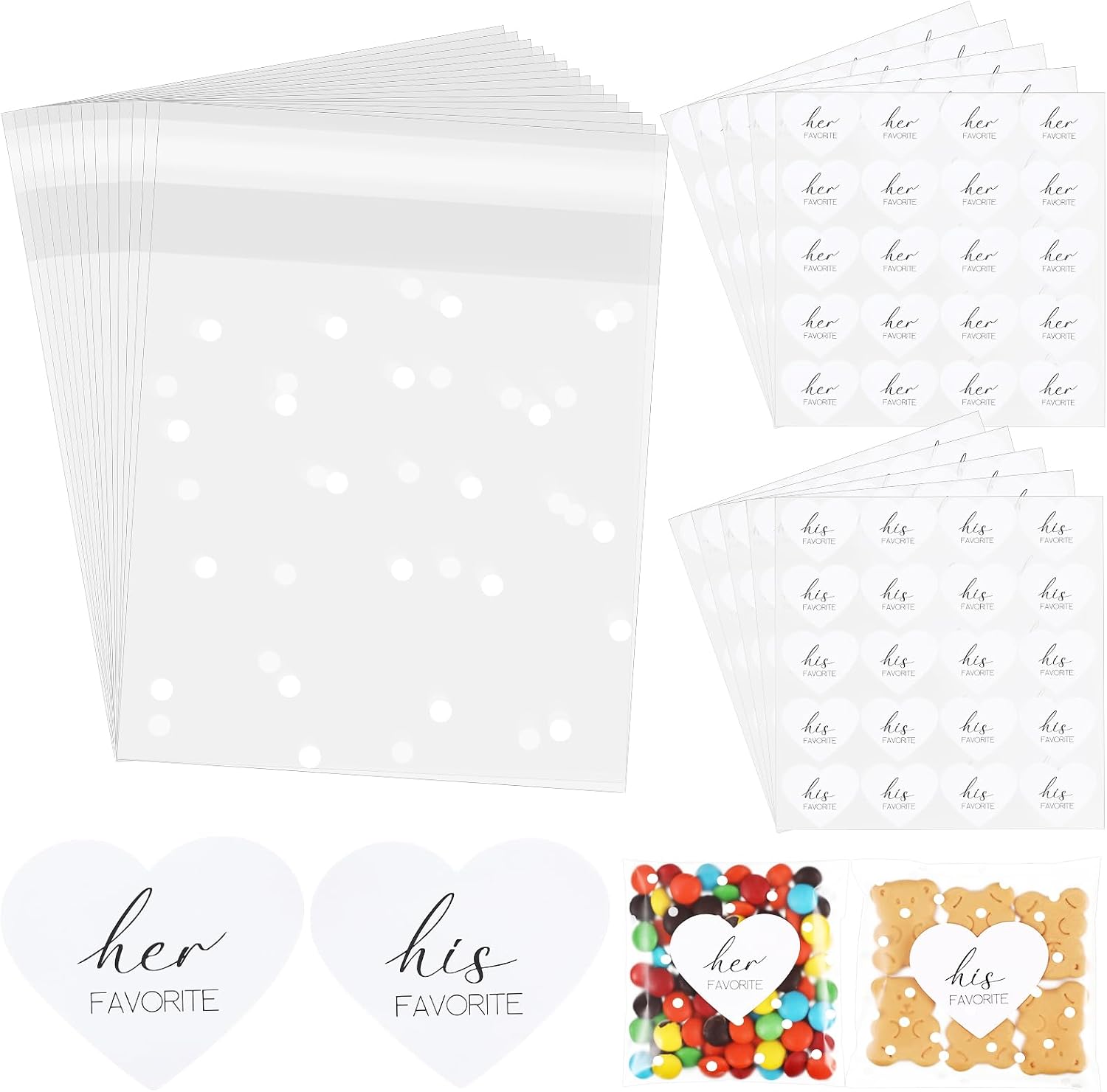Yexiya 200 Set His Her Favorite Stickers and Candy Cellophane Bags with White Dots 4x4 Inches Wedding Favor Stickers That Seal Themselves for Wedding Favor Labels Guest Welcome Bag Stuffers Bulk