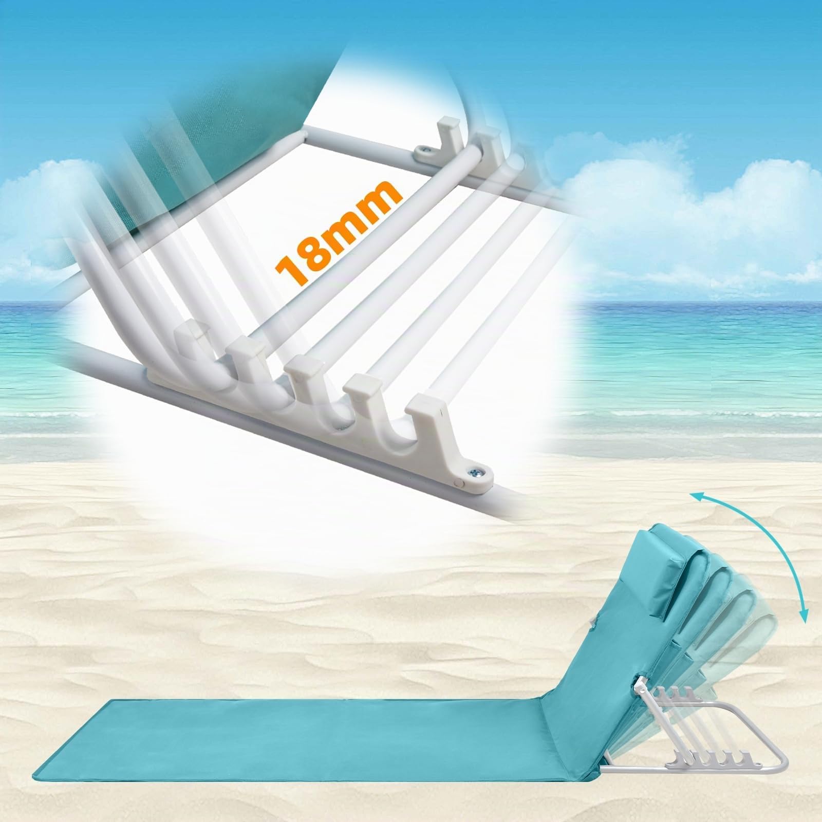 Lot de 2 Tapis de Plage, Bain de Soleil, Chaise Longue, Transat de Plage, avec Appui-tête - Bandoulières - Dossier Réglable 5 Positions, pour Camping, Jardin, Piscine, 160 x 52 cm, Bleu Lac