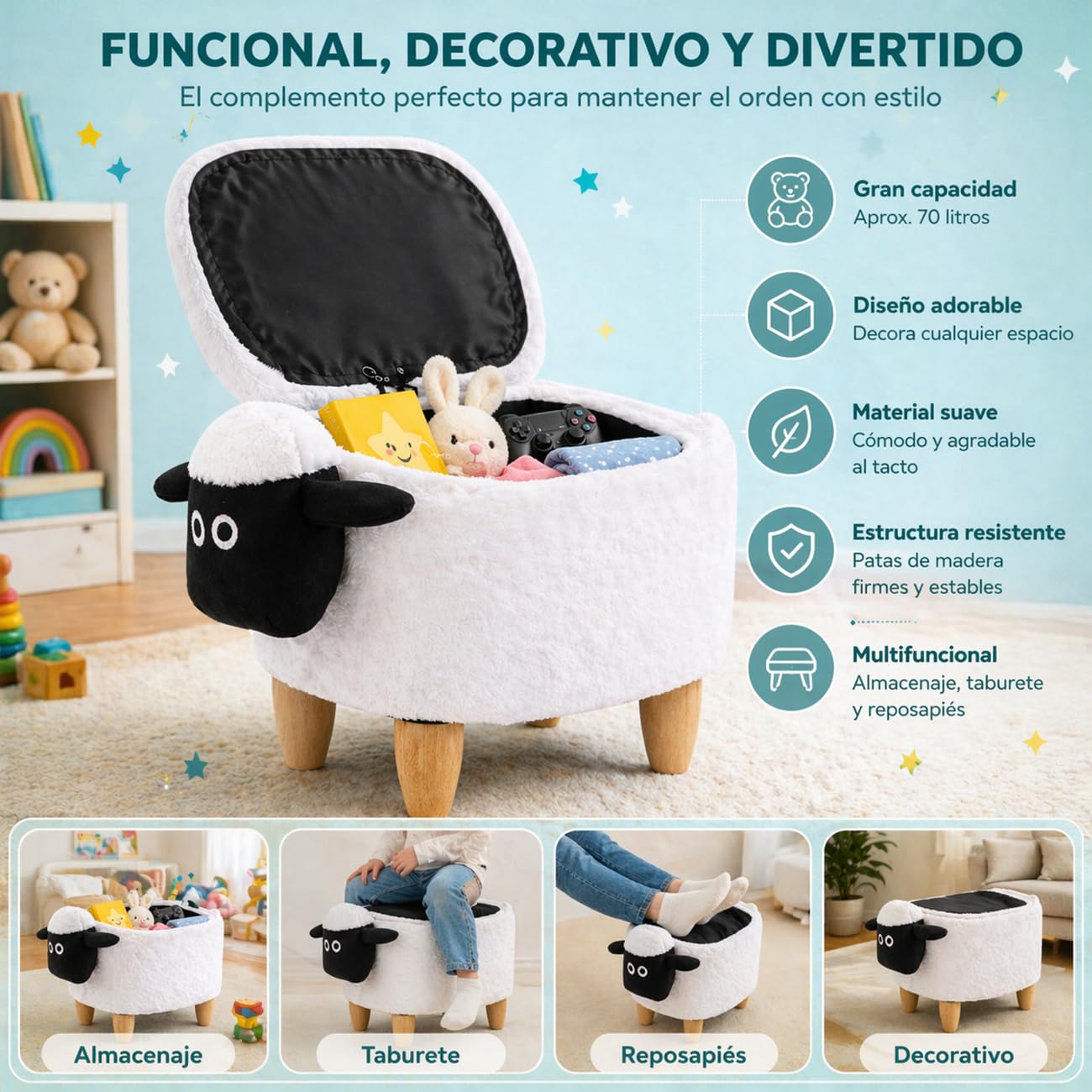 TIENDA EURASIA – Banco Puff con Almacenaje Diseño Oveja | Tapa Abatible | 63x35x37 cm | Estructura de Madera | Puff Decorativo para Dormitorio y Salón