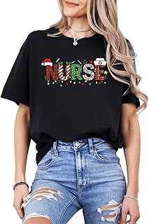 Christmas Nurse Shirt – Cute Holiday Letter Print Tee with Santa Hat & Lights – Festive Gift for Healthcare Heroes