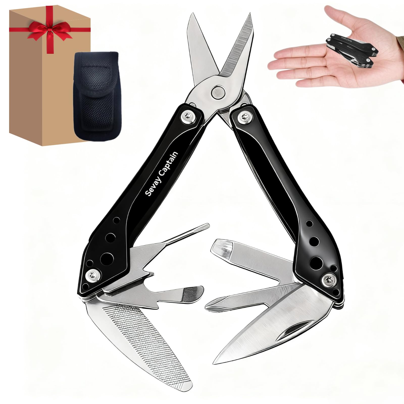 Mini Sailor Folding Pocket Scissors, 7-in-1 Multitool with Knife, Phillips & Slotted Screwdrivers, File & Bottle Opener, Compact Stainless Steel Tool with Storage Bag