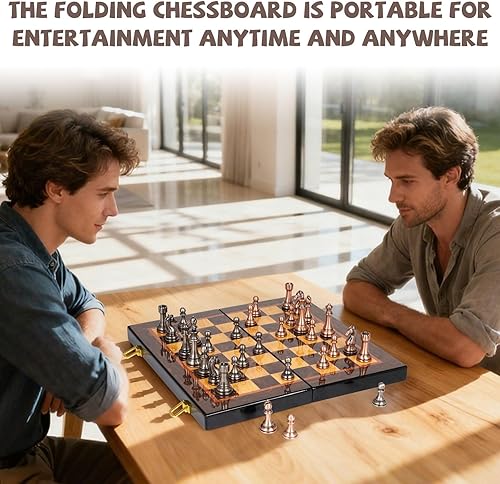 Miniatura 7 de Juego de ajedrez de metal de lujo con tablero de ajedrez de madera de 15 pulgadas  Piezas de ajedrez de metal pesado  2 reinas adicionales  Juego de