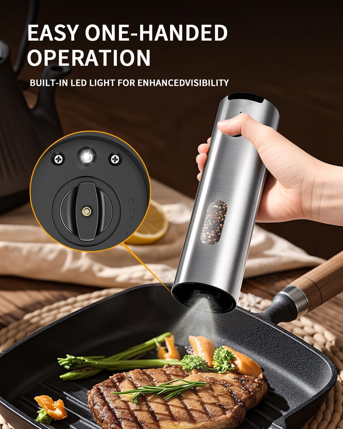 CIRCLE JOY Electric Salt and Pepper Grinder Set, Stainless Steel Rechargeable Pepper Mill Set with Charging Base, 110ML Top-Fill, Adjustable Coarseness, LED Light, One-Hand Operation, Gift Idea