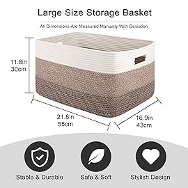 OIAHOMY Large Blanket Basket For Living Room, Rectangle Woven Baskets for Storage, Nursery Toy Storage With Handle-22x17x12-Gradient Dark Brown