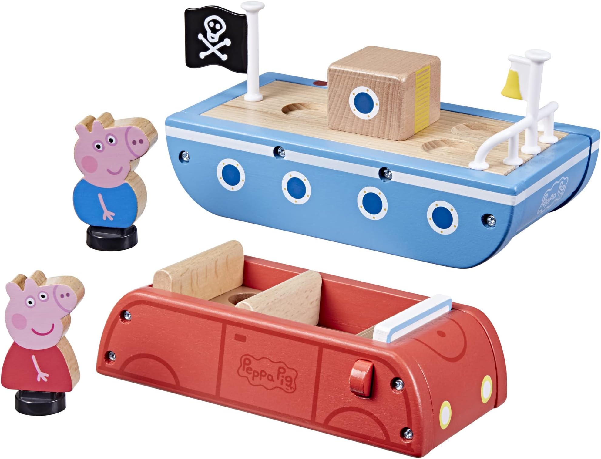 Peppa Pig Toys Red Wooden Car and Wooden Boat Collection, Includes 2 Figures, Made of Responsibly Sourced Wood, Wooden Toys for 2 Year Old (Amazon Exclusive)