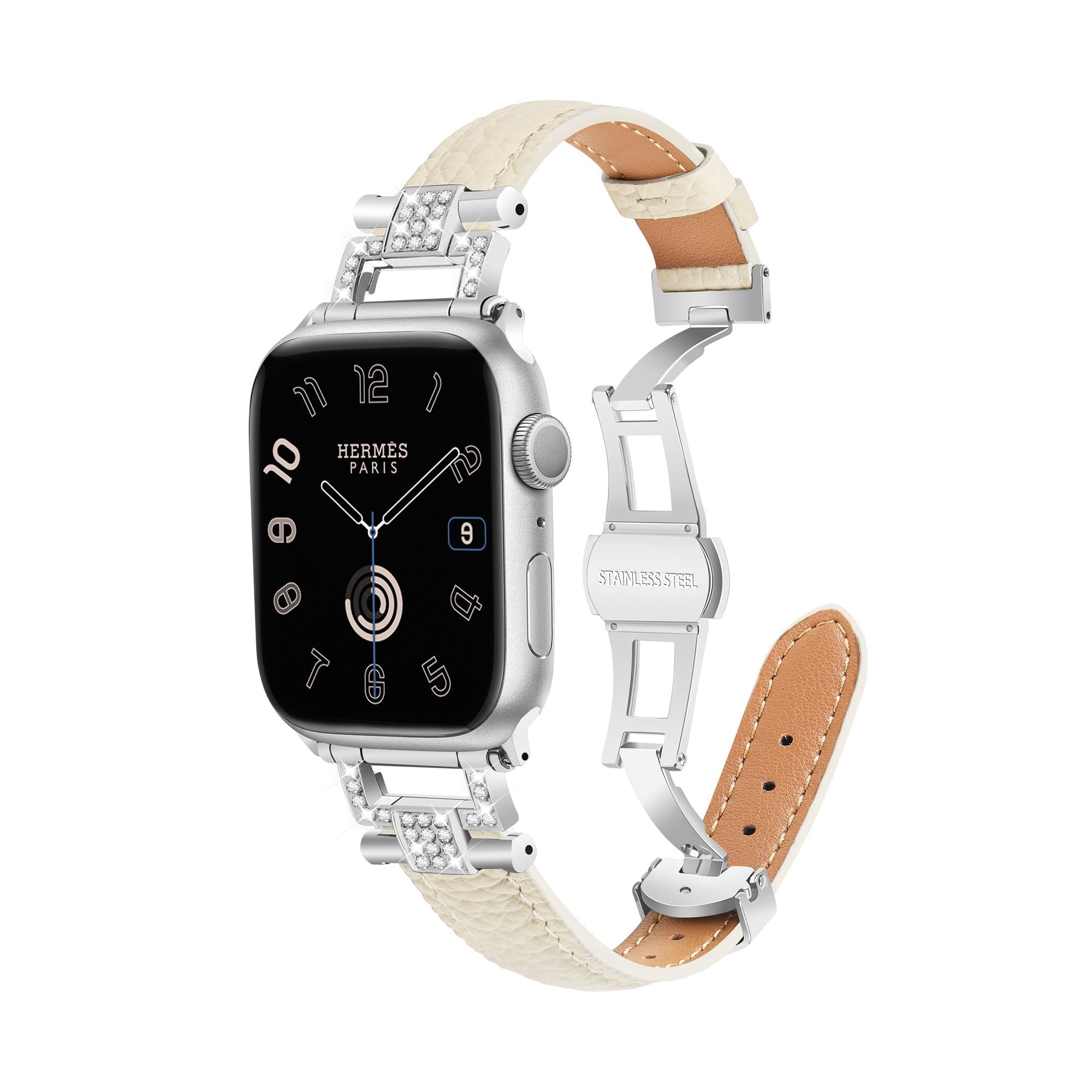 Bracelet en cuir de luxe compatible avec Apple Watch pour femme 44 mm, 45 mm, bracelet fin classique avec boucle papillon en métal pour iWatch Series 9 8 SE 7 6 5 4 3 2 1 blanc cassé