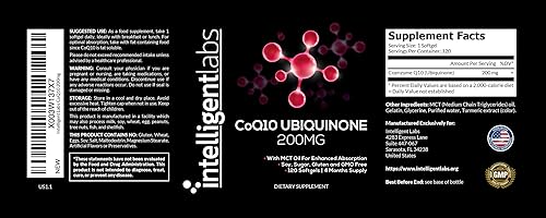 Miniatura 7 de Intelligent Labs CoQ10 Ubiquinona 200mg cápsulas blandas  Coenzima Q10 con aceite MCT para una máxima absorción  Soja, azúcar, gluten y OGM  120