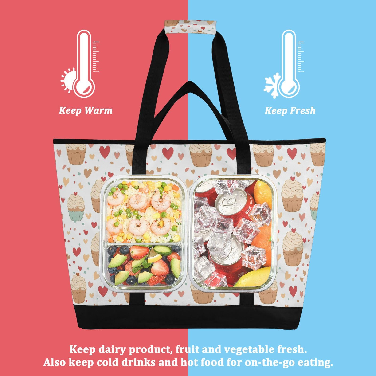 Cute Cupcakes Prints - Bolsa térmica térmica reutilizable con cremallera, bolsa térmica grande portátil para viajes o camping