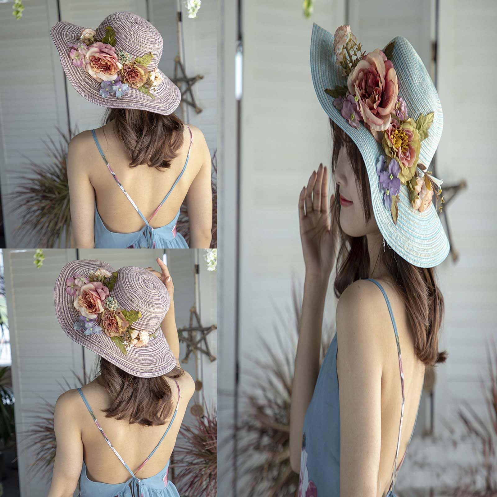 Sombrero de paja hecho a mano con flores de ganchillo para mujer, sombrero de paja de ala ancha, sombrero de paja para el sol, sombrero de sol UPF 50+ protección UV