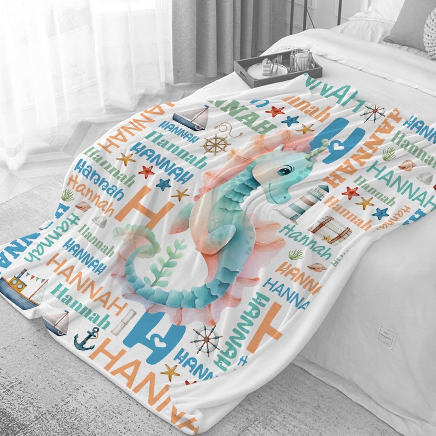 Custom Seahorse Blanket for Boys Girls | Ultra Soft Personalized Baby Blankets Gifts | Ocean Animal Seahorse Theme Throw Decor | 40"x50"-Kids/Throw Size
