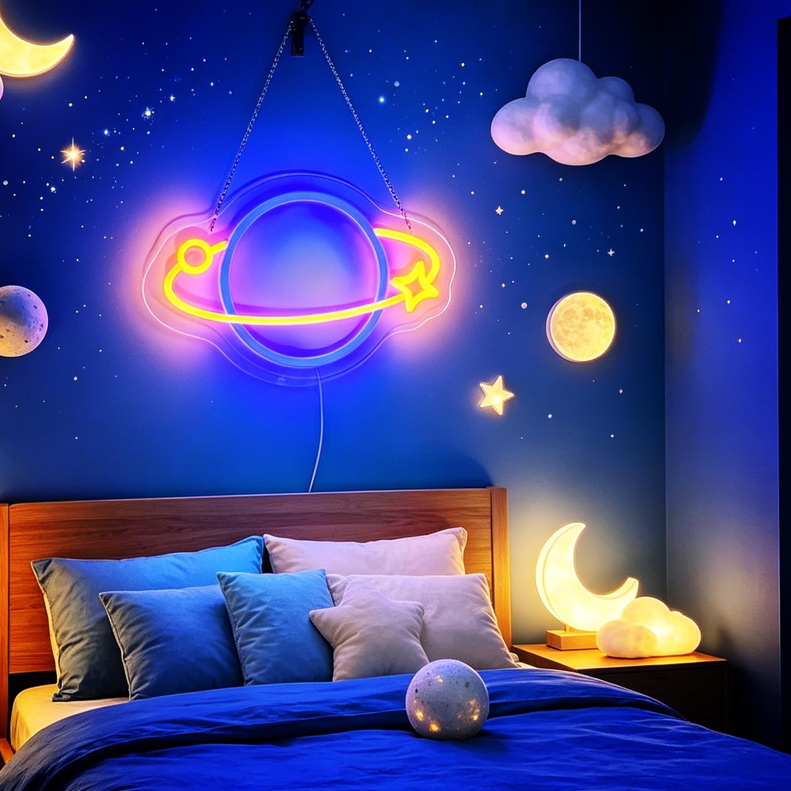 Pianeta Insegna al neon per decorazione da parete, luci notturne a LED dimmerabili, alimentata tramite USB, pianeta e stella, per camera da letto, sala giochi, club, regali per bambini amanti della