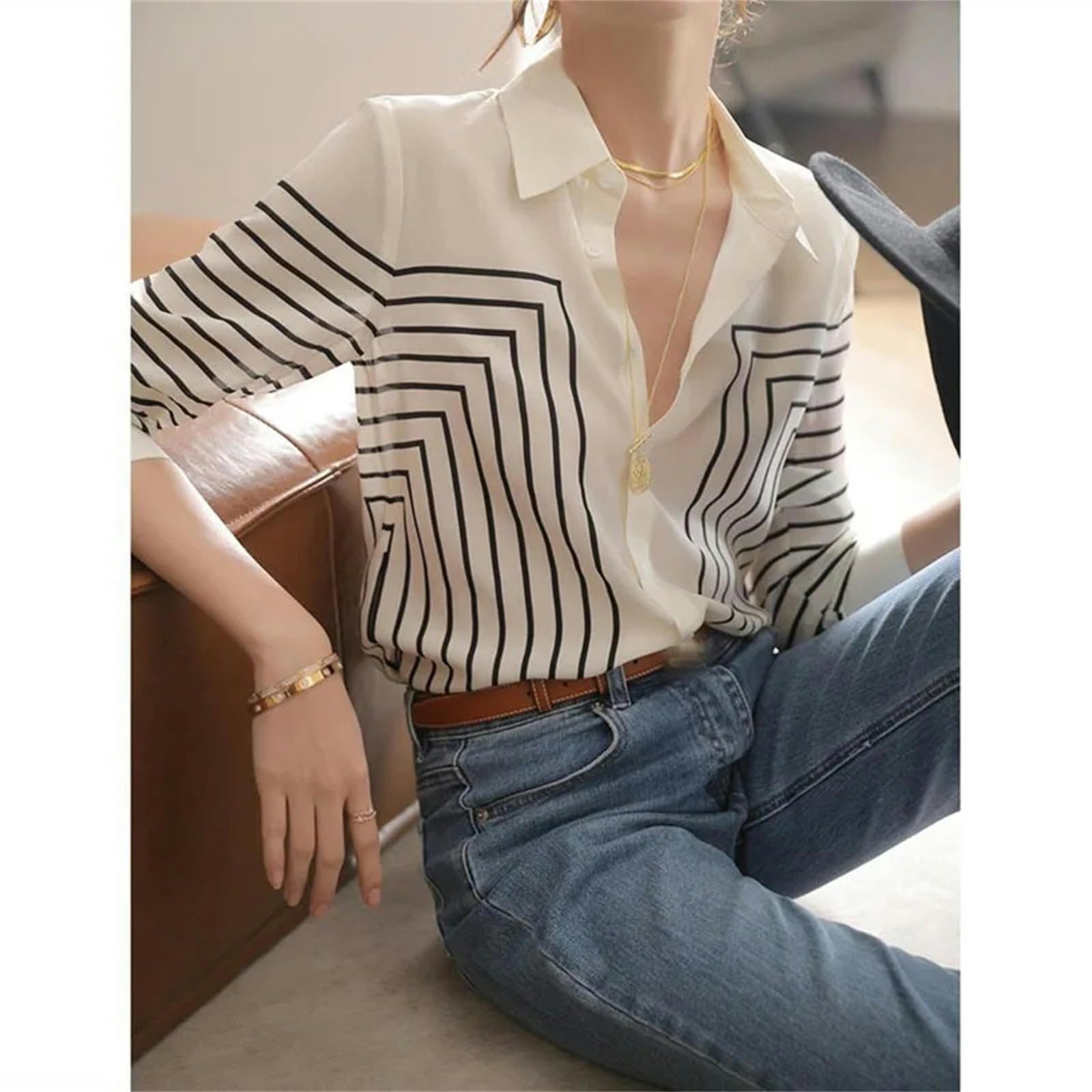 Camicia Abbottini con Abbottini A Strisce Sciolte di Abbigliamento da Donna Top Casual Match Office Lady Blouse