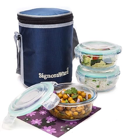 SignoraWare Executive High Microwave Safe Office Lunch Box Set with Bag | Borosilicate Glass | Safety Lock Airtight Tiffin Containers (Set of 3 400ml+400ml +400ml | Transparent)