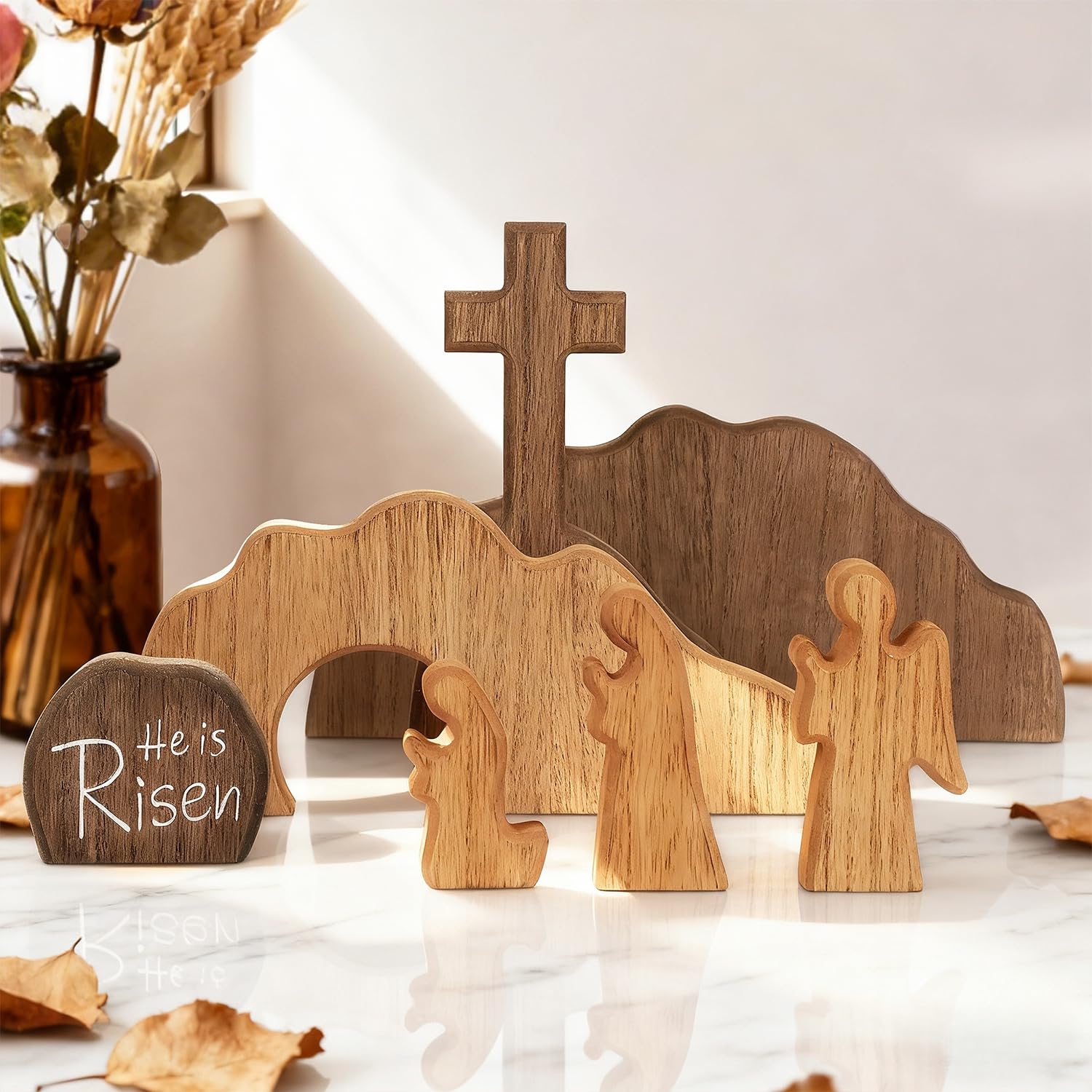Scène de résurrection de Pâques en bois et tombe vide décorative de Jésus