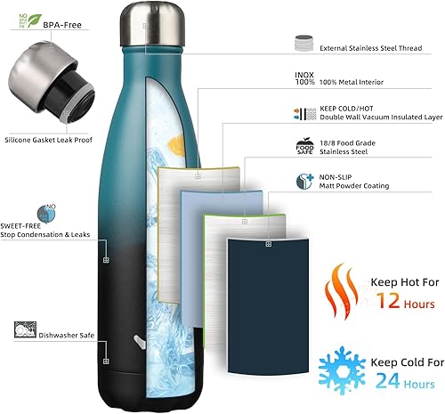 Miniatura 2 de Botella de agua 17 oz, termo de metal Vacumm con aislamiento de doble pared de acero inoxidable para viajes deportivos, color negro índigo