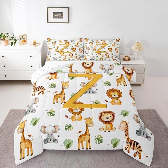Feelyou Cute Animal Nursery Bedding Set Soft for Boys Girls, Initial Letter Z Comforter Set Twin Size Cartoon Lion Giraffe Duvet Quilt Microfiber Alphabet Wildlife 2 Pcs with 1 Pillow Cases
