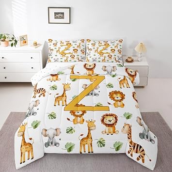 Feelyou Cute Animal Nursery Bedding Set Soft for Boys Girls, Initial Letter Z Comforter Set Twin Size Cartoon Lion Giraffe Duvet Quilt Microfiber Alphabet Wildlife 2 Pcs with 1 Pillow Cases