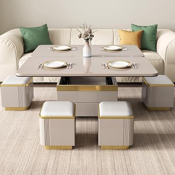 47" Lift Top Coffee Table with 4 Stools & Storage Drawers, Modern Multifunctional Convertible Center Table for Living Room, Pull-Out Tabletop & Hidden Storage, Easy Assembly, Brown