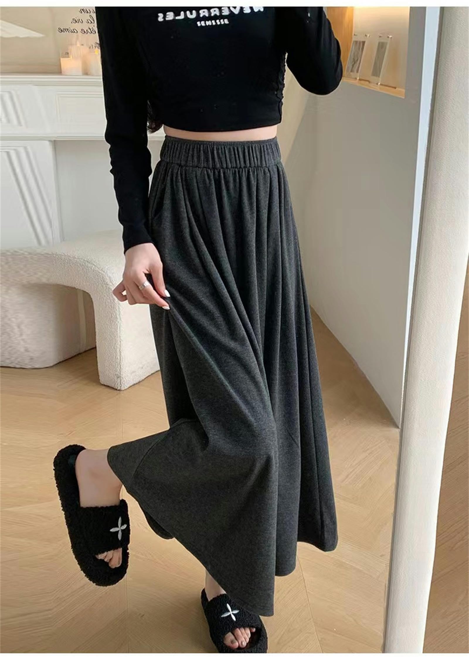 Strickrock Damen Herbst Und Winter Halblänge Rock Für Frauen Mit Hoher Taille Und Fallendem Gefühl, Schlank Und Einfach, Vielseitig-schwarz-m 90-110 Pfund